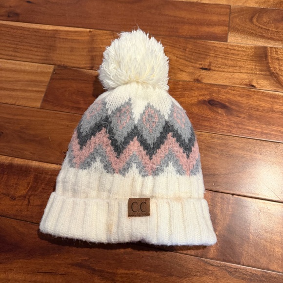 CHANEL Other - CC Beanje Kids Pom Pom Beanie - White, Pink, Gray girl